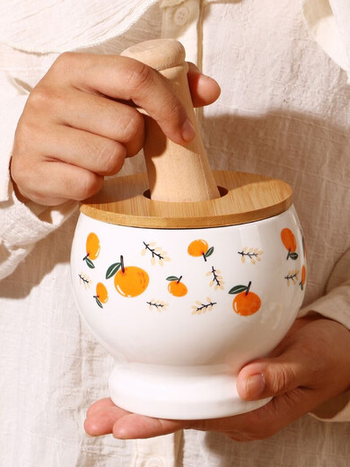 GIOIO special retro thickened garlic mortar for pounding garlic, hand-pressed lidded masher, commercial threaded grinding porcelain jar with lid, all the best, garlic pounder-400ml + beech stick + bamboo lid