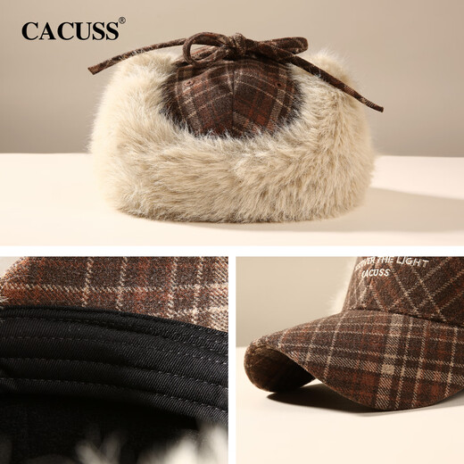 CACUSS baseball cap women's winter plaid thickened warm large head peaked cap anti-cold ear protection Lei Feng hat women