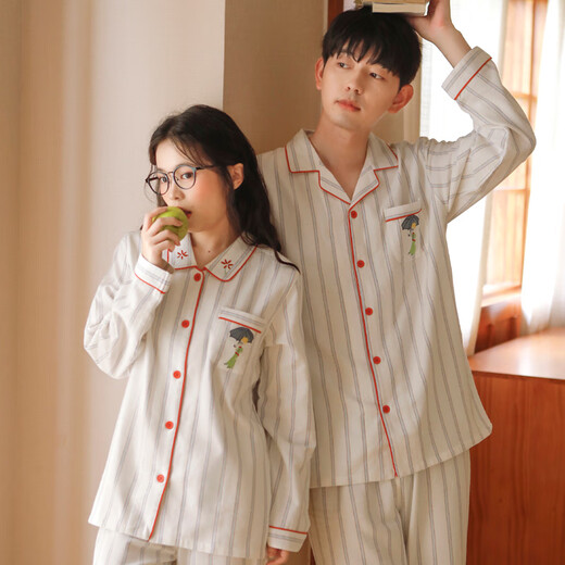 First search for new couples pure cotton brushed velvet pajamas simple striped men's high-end cartoon girl long-sleeved home clothes white women's L