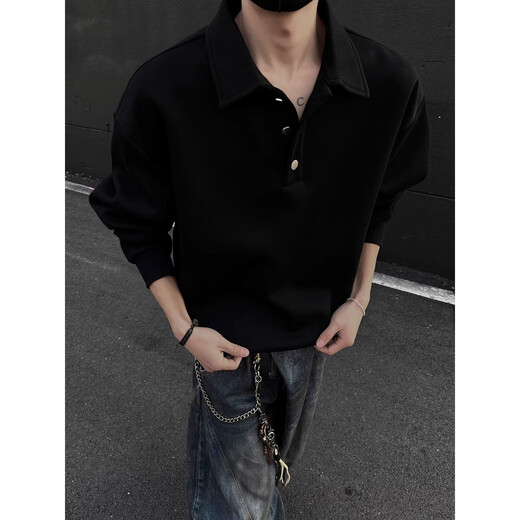Gongzixue cleanfit Henry collar sweatshirt men's spring and autumn American retro polo shirt handsome trendy loose long black M