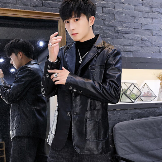 MGOLCPS men's leather jacket autumn and winter velvet thick Korean version trendy handsome suit leather jacket leather jacket motorcycle suit men's black ZW8937 non-velvet M