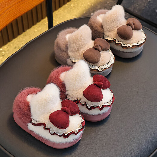 Winter children's cotton slippers for girls and princesses, non-slip EVA warm plus fluffy bow, small and medium-sized children's cotton slippers, upgraded version of environmentally friendly material pink (heel included) 12 28/29 size (inner length 17CM, no rear elastic band