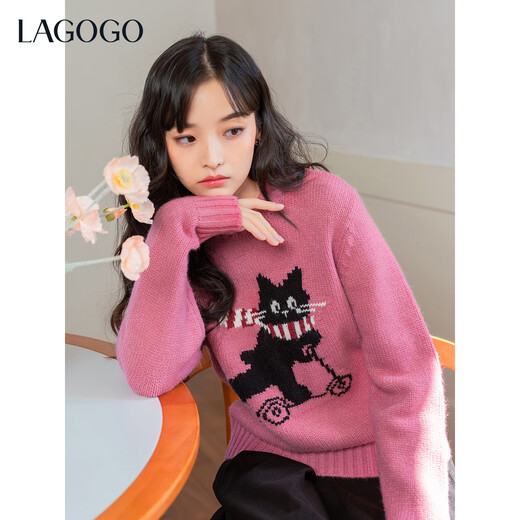 LAGOGO Naughty Cat Raspberry Pink Sweater Women Lagogu 2025 Winter New Round Neck Dopamine Sweater Pink L