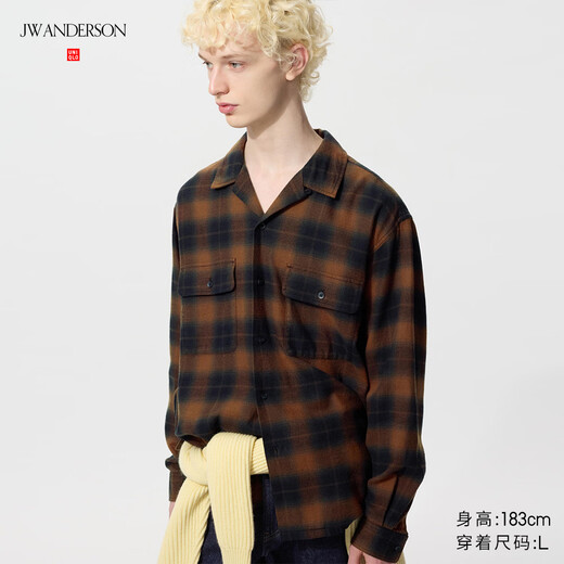 UNIQLO collaboration men's and women's soft cotton open collar loose plaid shirt long sleeves 480803 36 Brown L