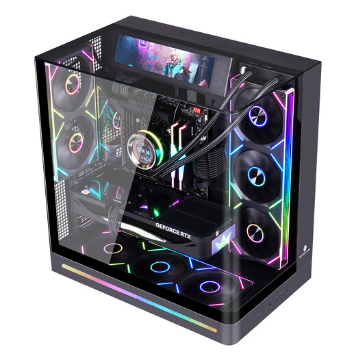 Wanjia Wenjie PLUS noir monobloc verre incurvé vue sur la mer châssis de salle ordinateur de jeu de bureau ATX/360 refroidi à l'eau/branché à l'arrière barre lumineuse TypeC/ARGB transparente sur trois côtés