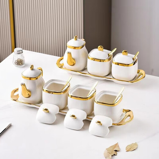 Seasoning jar set combination household Nordic light luxury seasoning box storage jar salt MSG ceramic jar kitchen storage rack emerald-set (3 jars + 1 tray + 3 spoons)