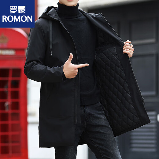 ROMON high-end windbreaker men's mid-length hooded fashionable casual solid color large size jacket men's 2025 spring and autumn new style with cotton outer black (cotton) M