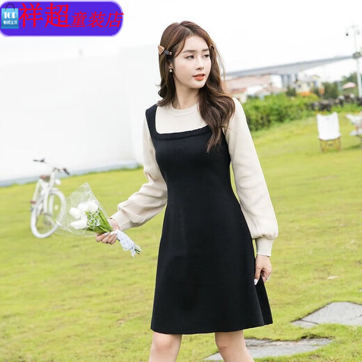 SUYOUMI Autumn and Winter Parent-child Sweater Dress Mother and Daughter Internet Celebrity Fashion Knitted Pullover Skirt Black Apricot Splicing 120cm Girls