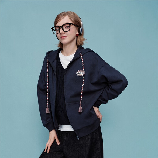 Giordano Snoopy joint cartoon embroidery printed drawstring loose hooded sweatshirt jacket for women 18375707 06 navy blue S