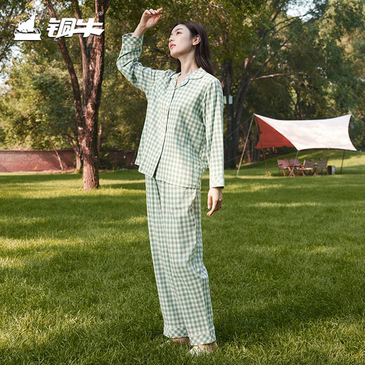 Copper velvet check cotton home women's set 2024 autumn and winter new suit women VJ124 Pastoral checkered-white-grey green M 170_95