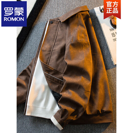 ROMON American retro distressed suede leather jacket men's spring and autumn trend versatile lapel handsome motorcycle jacket brown M (100-120Jin Jin equals 0.5 kg)