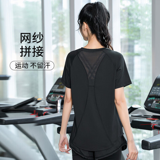 Large size quick-drying dry clothes for women loose running sports yoga tops fitness clothes Pilates training fat mm200 three-piece set black short sleeves + cropped pants + bra M (recommended 90-105 Jin Jin equals 0.5 kg)