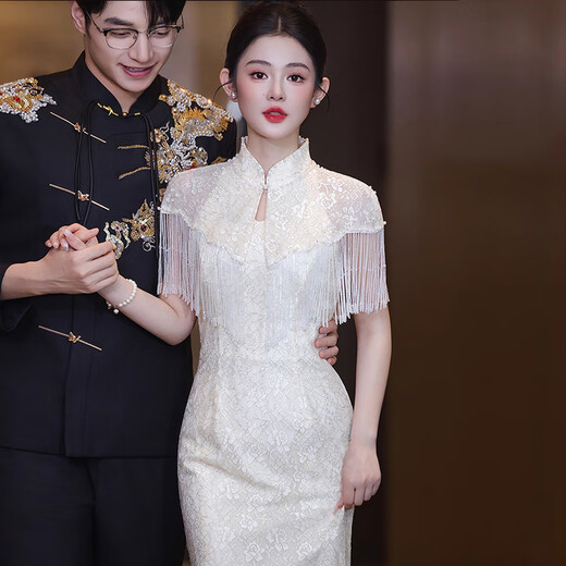 Wenmi Engagement Wear Couple New Chinese Style Cheongsam Bridal Wedding Dress Engagement 2025 New Small Toast Wear Back Door Shawl Champagne Cheongsam S