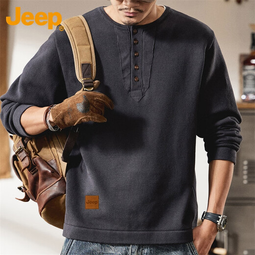 JEEP Jeep Sweater Men's Knitted Bottoming Shirt 2024 Winter Casual Henley Collar Heavy Long Sleeve T-Shirt Men's Spring 2319 Blue Gray Jeep Official S_70-89Jin Jin is equal to 0.5 kg