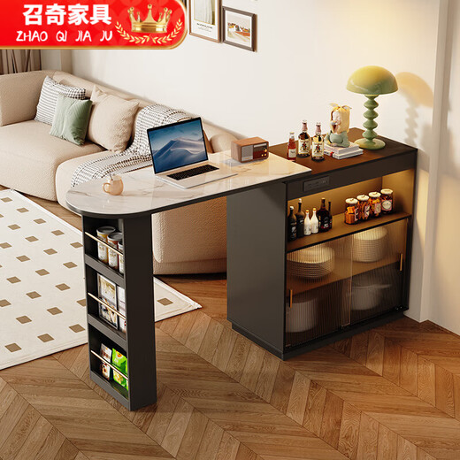 Shantou Lincun French black bar table home dining side cabinet living room partition storage side cabinet retractable island dining table small apartment double-sided bar table 90cm + L sliding cabinet combination door installation