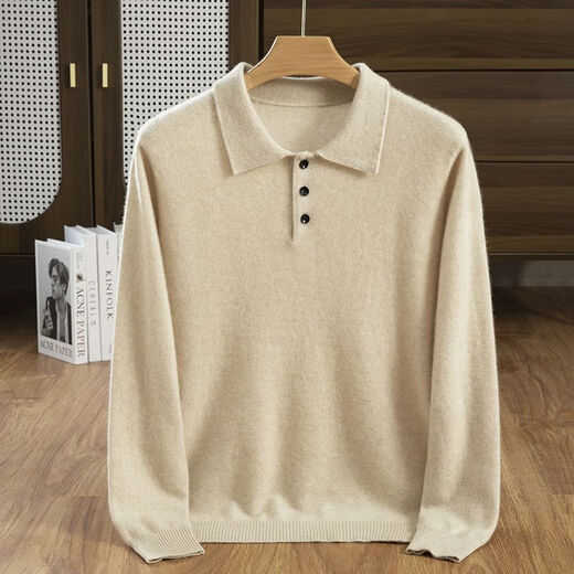 Ordos 100% cashmere men's wool sweater POLO autumn and winter cashmere sweater warm knitted sweater base sweater hemp gray 4XL