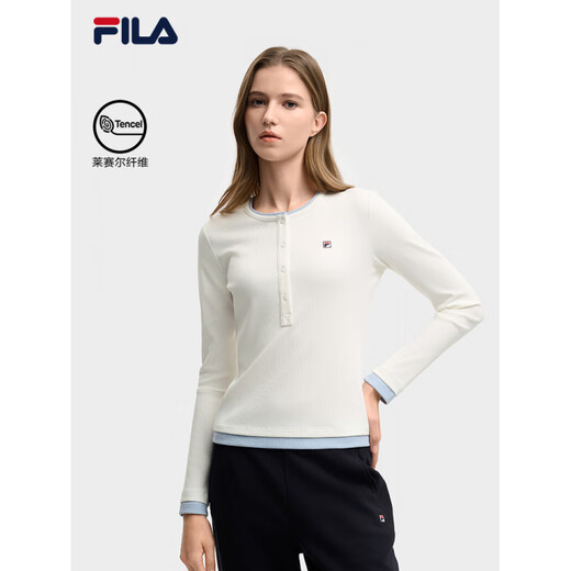 FILA Women's Knitted Long-Sleeved Shirt 2025 Winter New Fashion Classic Casual Slim Henley Shirt Alice Blue-LB Same Style for Men and Women S 160/80A