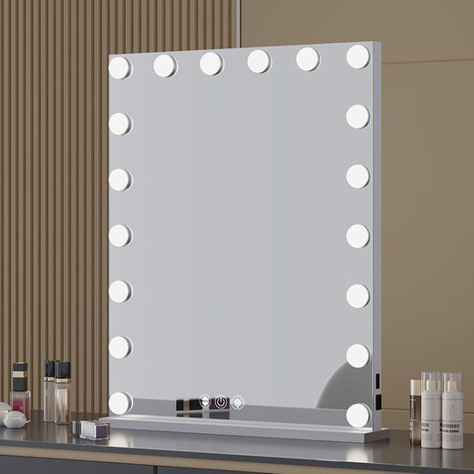 Large Square Makeup Mirror with Bulb Desktop LED Lamp Desktop Bedroom Makeup Mirror Internet Celebrity Smart Charging Vertical Style Gold 55*70+Socket+Bluetooth Speaker