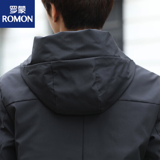 ROMON high-end windbreaker men's mid-length hooded fashionable casual solid color large size jacket men's 2025 spring and autumn new style with cotton outer black (cotton) M