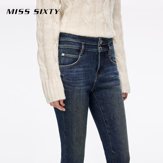 MISS SIXTY2025 Winter New Composite Velvet Jeans Women's Double Button Waist Slimming Small Feet Pencil Pants Dark Blue 24