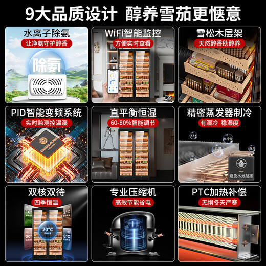CIGARLOONG CL-188C2 precise constant temperature and humidity cigar cabinet, cedar wood inner tank, WiFi intelligent water ion removal and ammonia removal, large capacity stainless steel double cigar and wine cabinet, light luxury black naked cigar and red wine aluminum liner, WiFi + purified ammonia