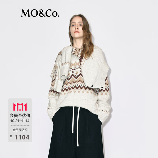 MO&Co. Fair Isle Sweater 2025 Winter New Product Contains Wool Alpaca Round Neck Loose Shoulder Wandering Style MBE4SWTT12 Light Floral Camel S /160