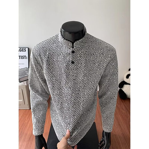 American style right shoulder Henry Polo shirt sweatshirt for men, spring and autumn top with trendy brand texture jacquard long-sleeved T-shirt for men, black L 100-120Jin Jin is equal to 0.5 kg