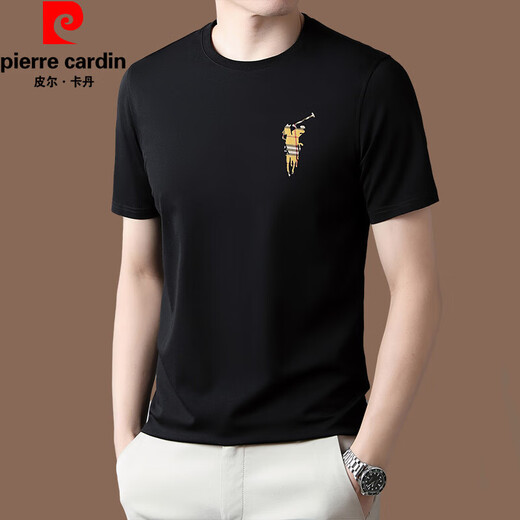 皮尔卡丹（pierre cardin）高端品牌夏季2026新款刺绣短袖t恤男士上衣薄款圆领凉感冰丝t恤 黑色【蒂13062】 4XL 190【适合体重195-220斤】