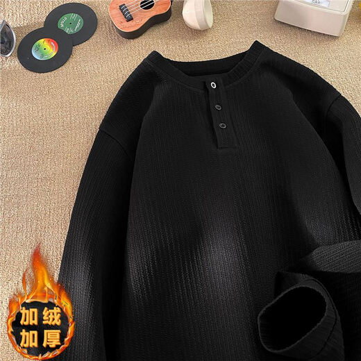 Jufeng winter velvet thickened Henry collar long-sleeved T-shirt for men cleanfit American textured inner sweatshirt base layer black 4XL 180 to 200Jin Jin equals 0.5 kg can be worn