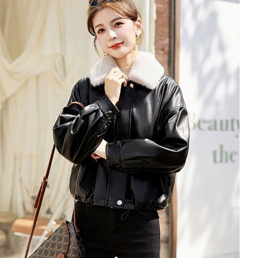 Playboy (PLAYBOY) brand Haining genuine leather jacket for women 2025 spring, autumn and winter new small fur one-piece fur jacket black velvet lining + detachable fur collar L Recommended 110-120 Jin Jin equals 0.5 kg