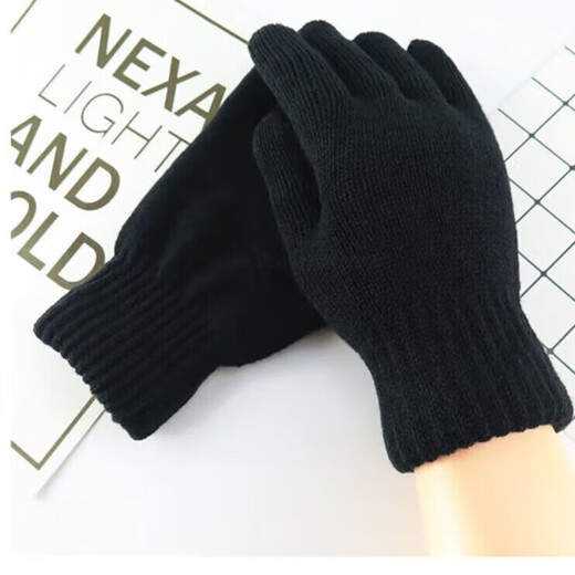 Black double-layered woolen gloves with velvet pure black five-finger thickened warm knitted gloves Black double-layered woolen gloves