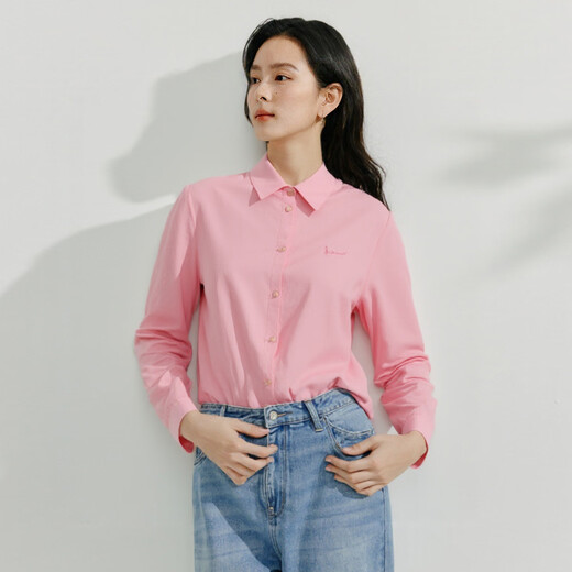 INMAN pure cotton commuting simple European style blue shirt for women 2025 summer versatile and comfortable embroidered back slit shirt lotus root pink L