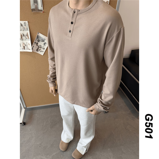 Yaochao spring and autumn Henry collar long-sleeved T-shirt men's versatile loose retro T-shirt casual sports top tee black fabric M 90-110Jin Jin equals 0.5 kg