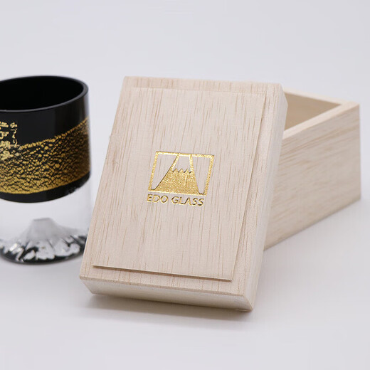 Black gold foil Mount Fuji cold wine glass, original wooden box, imported from Japan
