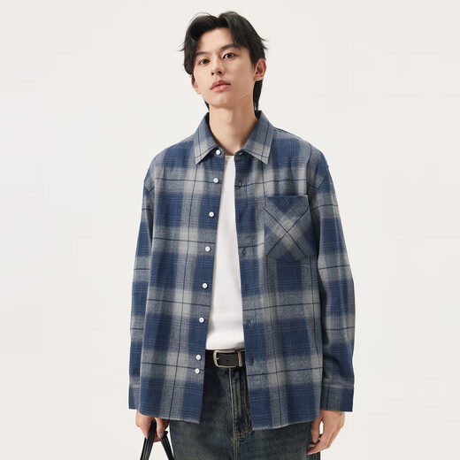 Gxgjeans men's blue plaid simple commuting loose long-sleeved shirt top for men 25th autumn new arrival blue plaid L (175) (size is too large)