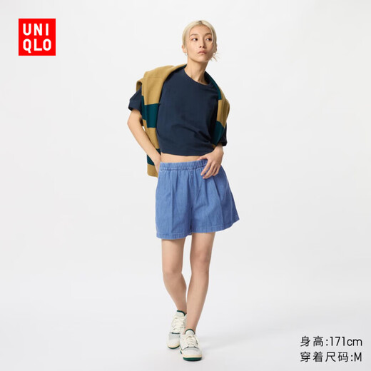 Uniqlo women's cotton elastic shorts/denim casual wear can be worn outside at home 473757 65 royal blue M /160/66A