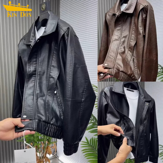 2025 New Motorcycle Pu Leather Jacket Men's Autumn and Winter Trendy Loose Workwear Jacket Men's Trendy Versatile and Handsome Black QN#PU9127 High Quality 3XL (Recommended 165-180Jin Jin equals 0.5kg)
