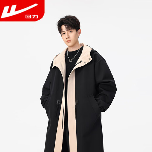 Warrior fake two-piece coat men's mid-length windbreaker jacket men's autumn and winter British style thickened hooded cloak jacket black M