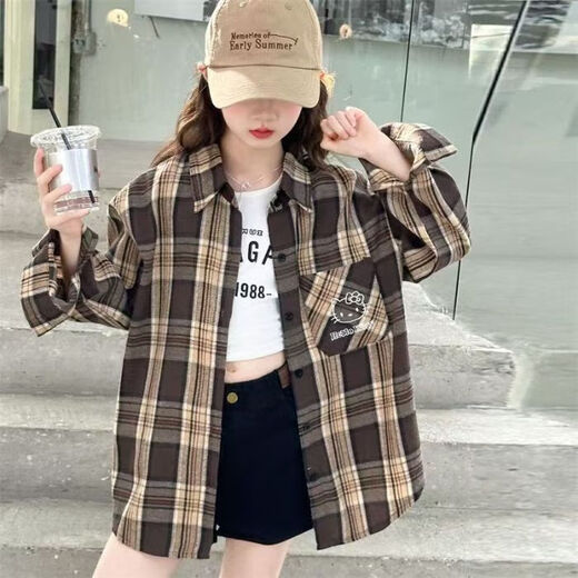 Girls' shirt long-sleeved spring and autumn 2025 new children's tops for girls and older children early autumn thin plaid shirt jacket coffee color 140