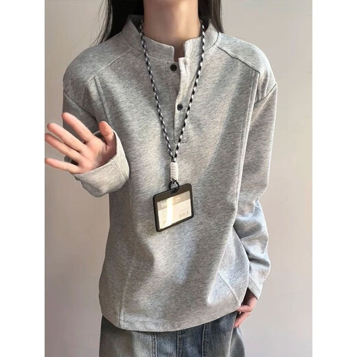 Vnxifm American Henry collar polo shirt sweatshirt for men and women in autumn deconstructed splicing long-sleeved T-shirt cleanfit shoulder top Gray M _ Recommended 86-100Jin Jin equals 0.5 kg