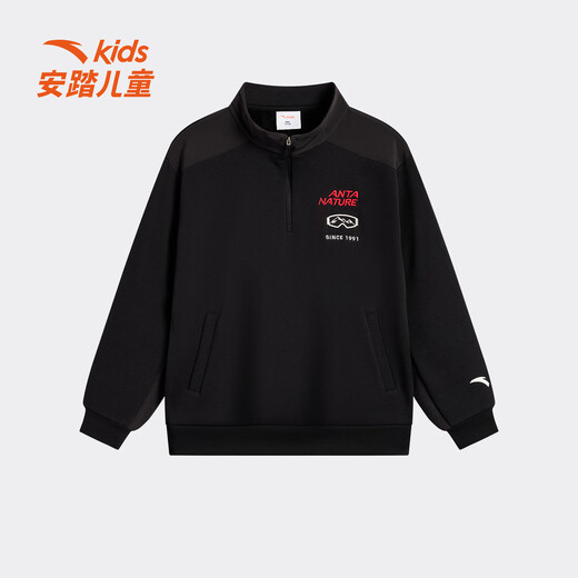 ANTA children's fleece sweatshirt for boys and girls 2025 winter new Chinese ice and snow series knitted pullover basic black-4 fleece 175 cm