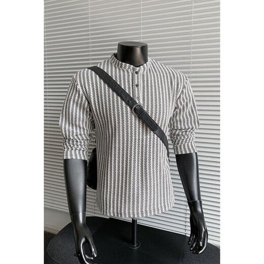 PUGESI American heavy henley shirt men's autumn black and white striped long-sleeved T-shirt herringbone pattern stand-up collar inner base sweatshirt gray 3XL