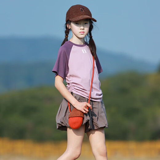 涂碟幽女童短袖T恤夏季中大童气质甜美套头百搭子装插肩袖拼接上衣 芋紫(短袖)ANT50206YZ抽绳短袖T 130 cm