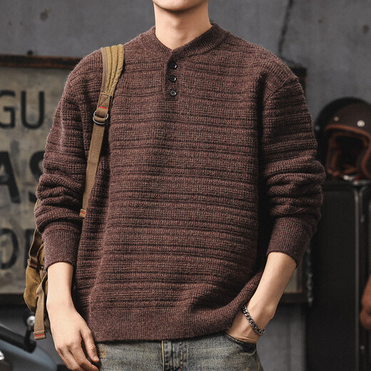 MR.25 Sweater Men's 2025 Autumn and Winter New Warm Pullover Bottoming Sweater High-end Henley Collar Lazy Style Jacket Floral Brown M