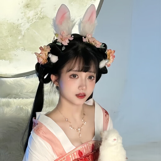 Mengdong Rabbit Ears Hairpin Hanfu Headwear Ancient Style Hair Accessories Girls Cute Plush Hair Hoop Hair Accessories Children Adult Accessories One Size Rabbit Ears Headband*1 Ear Adjustable Position