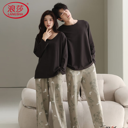 LangSha 7A Antibacterial Couple Pajamas for One Man and One Woman Autumn Pure Cotton Round Neck Cartoon Casual Wearable Spring and Autumn Home Clothing 32506 Couple M Female + XL Male