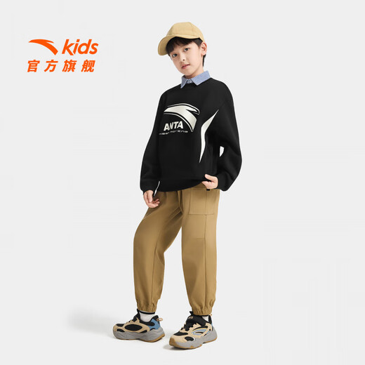 ANTA Children's Sweater Men's Big Children's Wear 2025 Winter New Arrival Plus Velvet Simple Versatile Long Sleeve Pullover Store Manager Recommendation Basic Black-5 150 cm