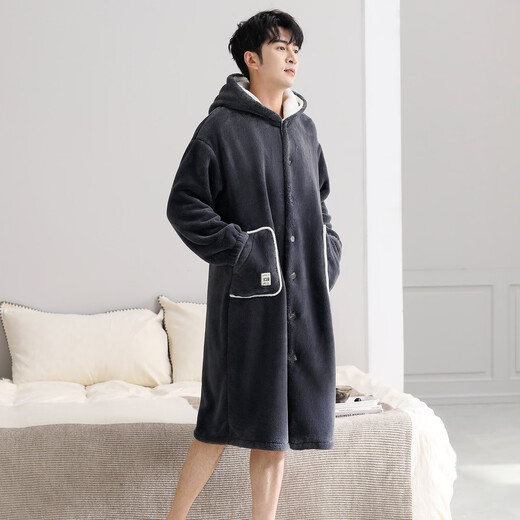 LangSha couple's nightgown, one man and one woman, winter flannel plus velvet warm hooded bathrobe pajamas, mid-length home wear, winter, female F8046 purple + male F9046 carbon gray M female + XL male