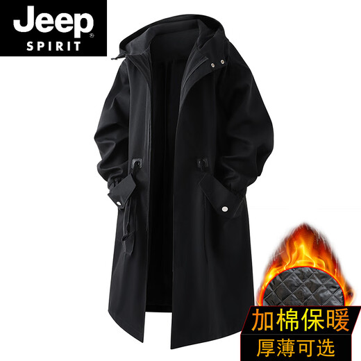 JEEP SPIRIT waist-shrinkable hooded outdoor storm coat for men in autumn and winter thickened quilted mid-length coat jacket Korean style coat trendy black cotton L suitable for weight 90-150