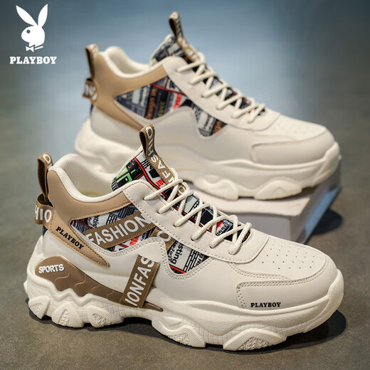 Playboy (PLAYBOY) dad shoes men's shoes 2025 autumn and winter casual shoes men's thick-soled high-top fashion sneakers trendy beige 42
